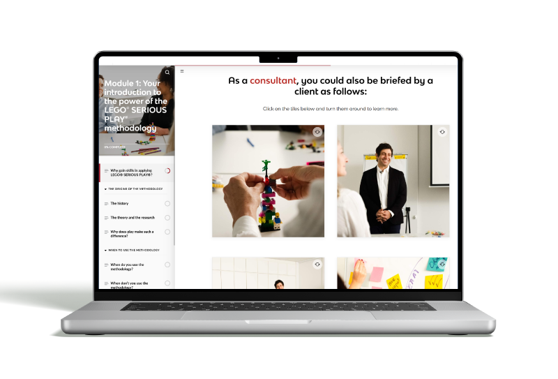 The certification course platform showing Module 1: Your introduction to the power of the LEGO® Serious Play® methodology